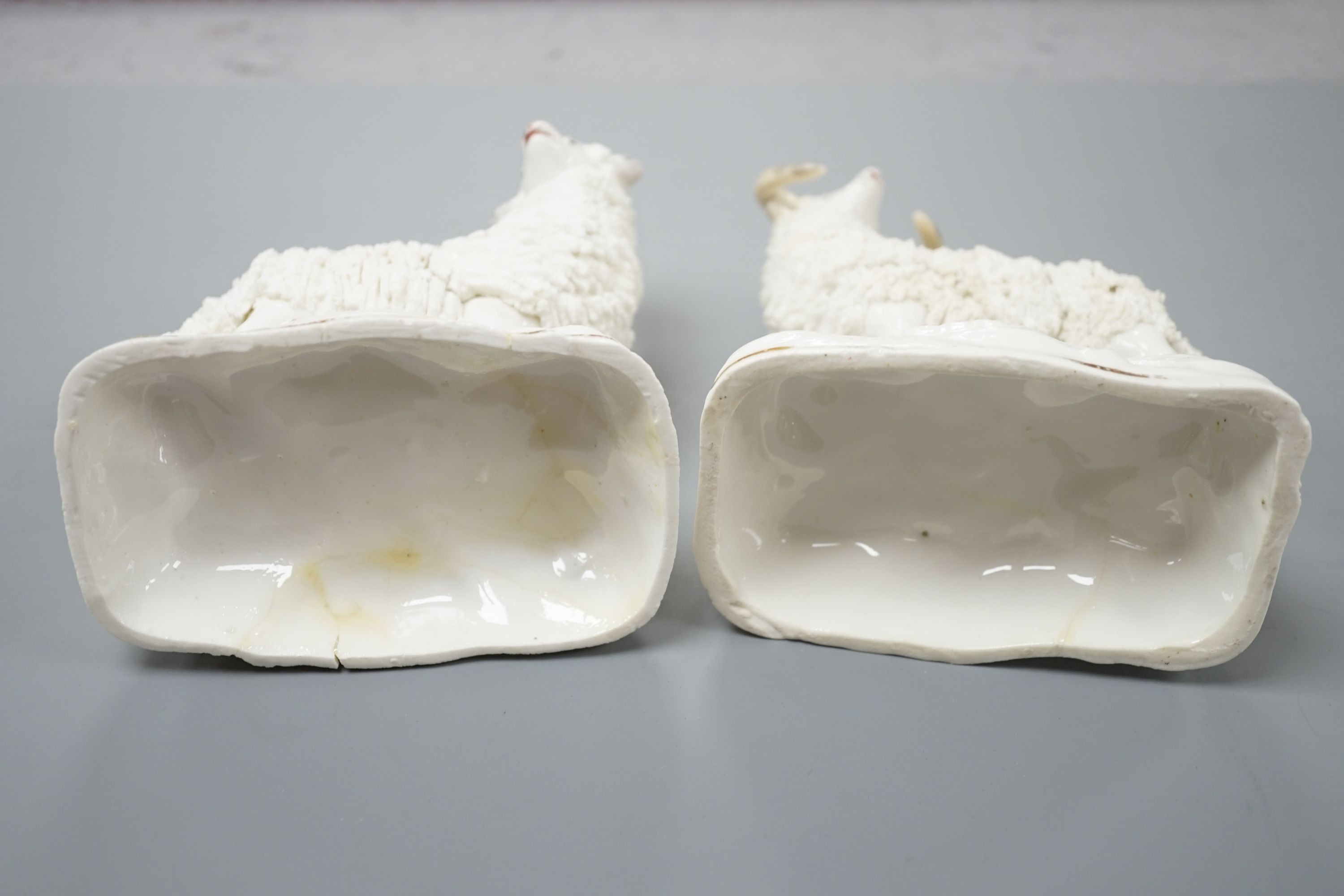 A pair of large Staffordshire porcelain figures of a ewe and a ram, c.1835–50, 10.5 and 11 cm high, Provenance: Dennis G.Rice collection